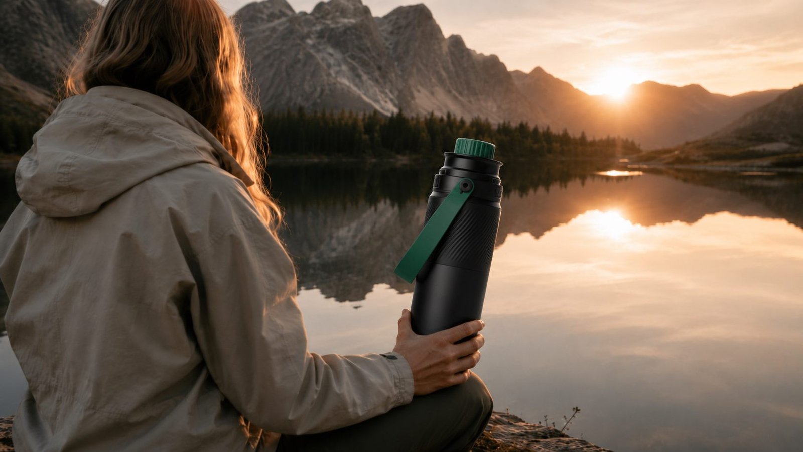 Taiga Maté al amanecer frente a un lago de montaña